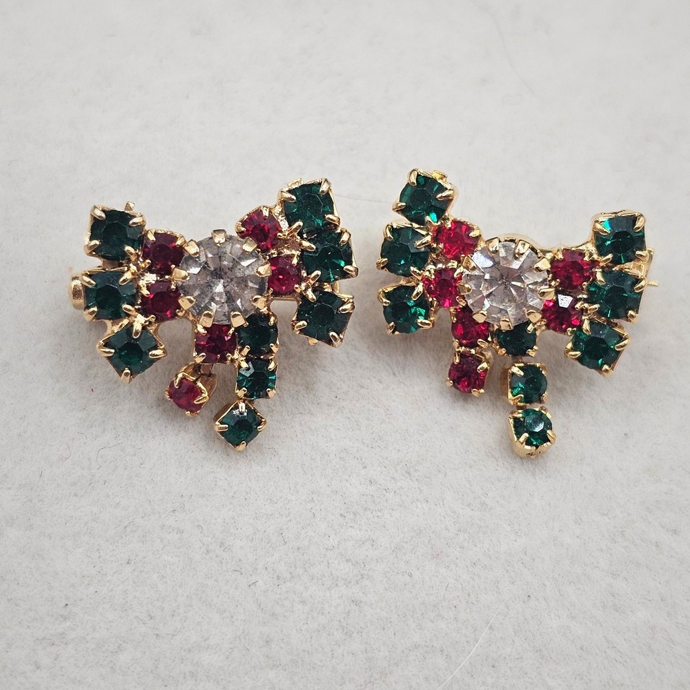 Rhinestone Christmas Bows Brooch Pair Red Green Holiday Couples .5 inch Pins